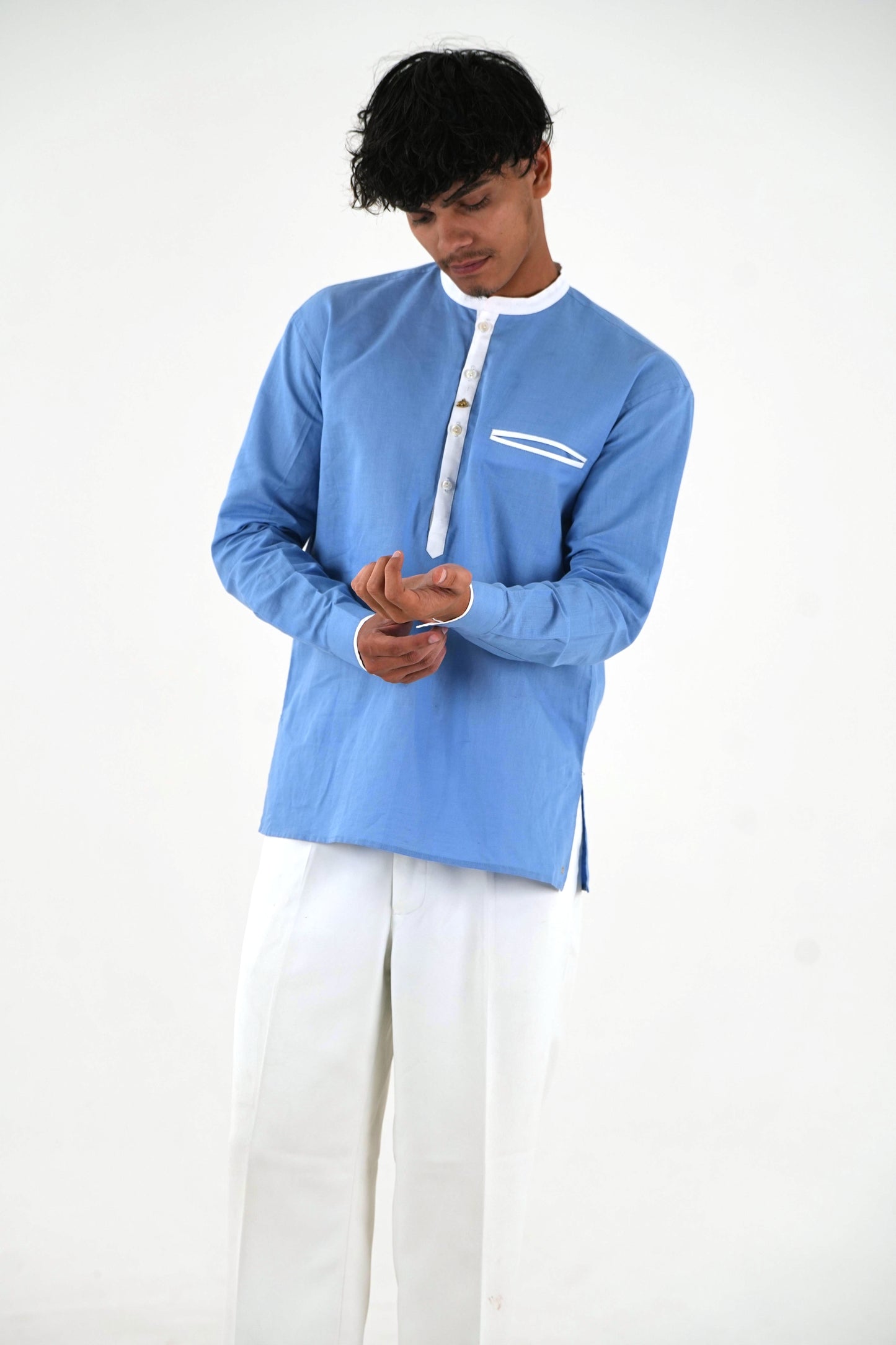 Linen Short Kurta - Sky Blue