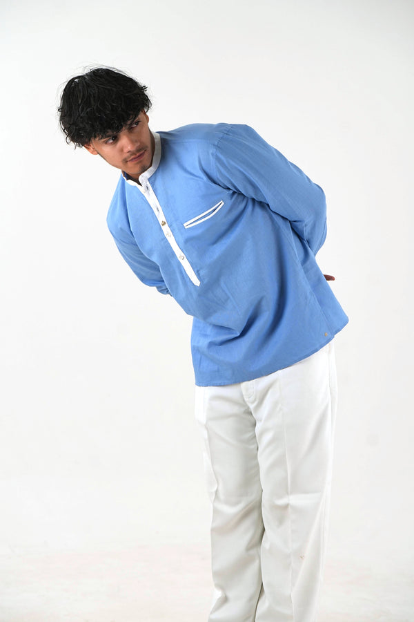 Linen Short Kurta - Sky Blue