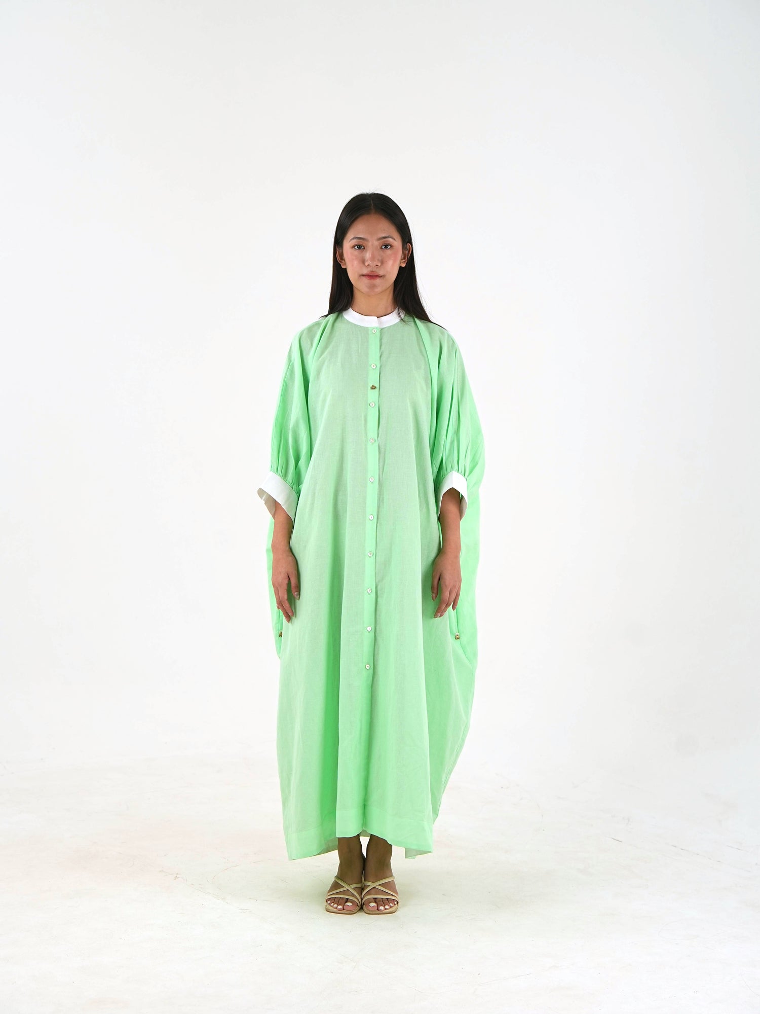 Cuff Sleeve Kaftan Dress - Mint Green Linen