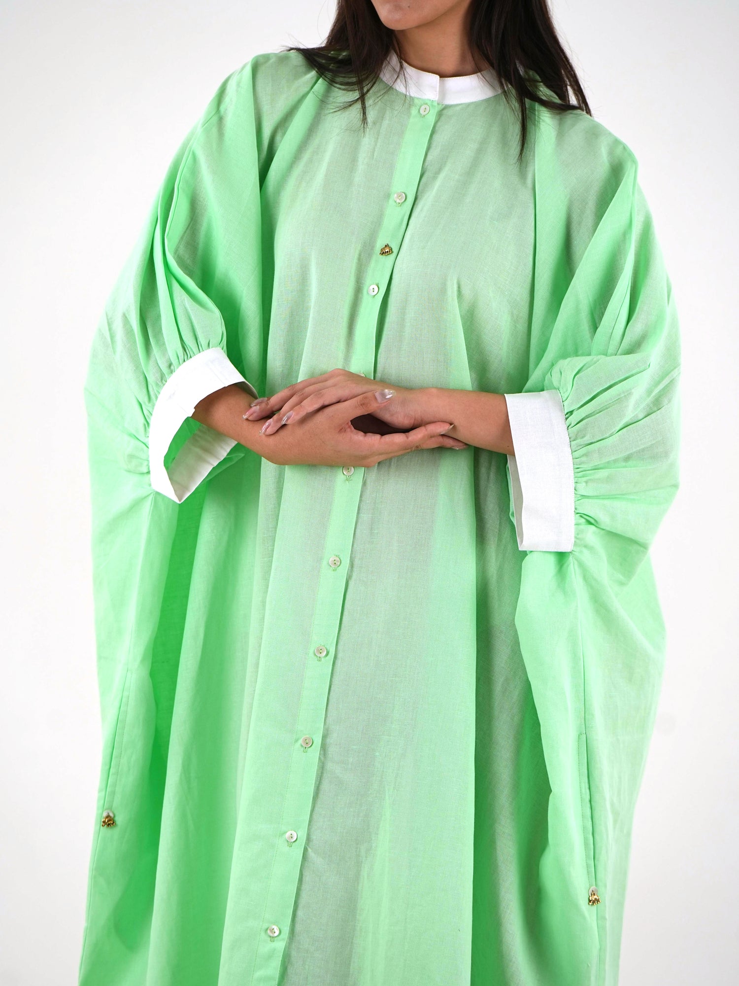 Cuff Sleeve Kaftan Dress - Mint Green Linen