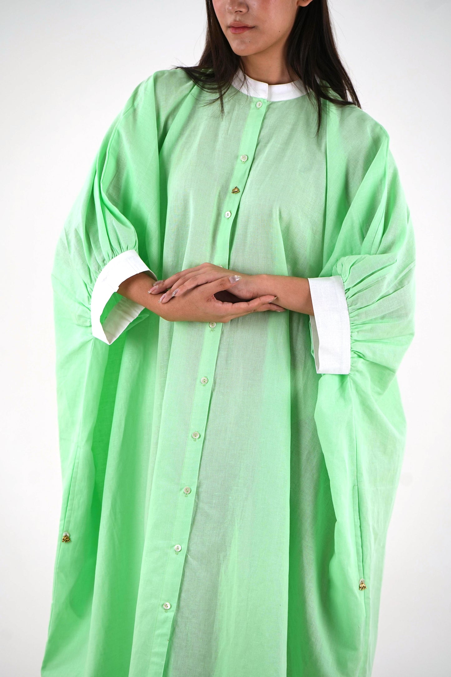 Cuff Sleeve Kaftan Dress - Mint Green Linen