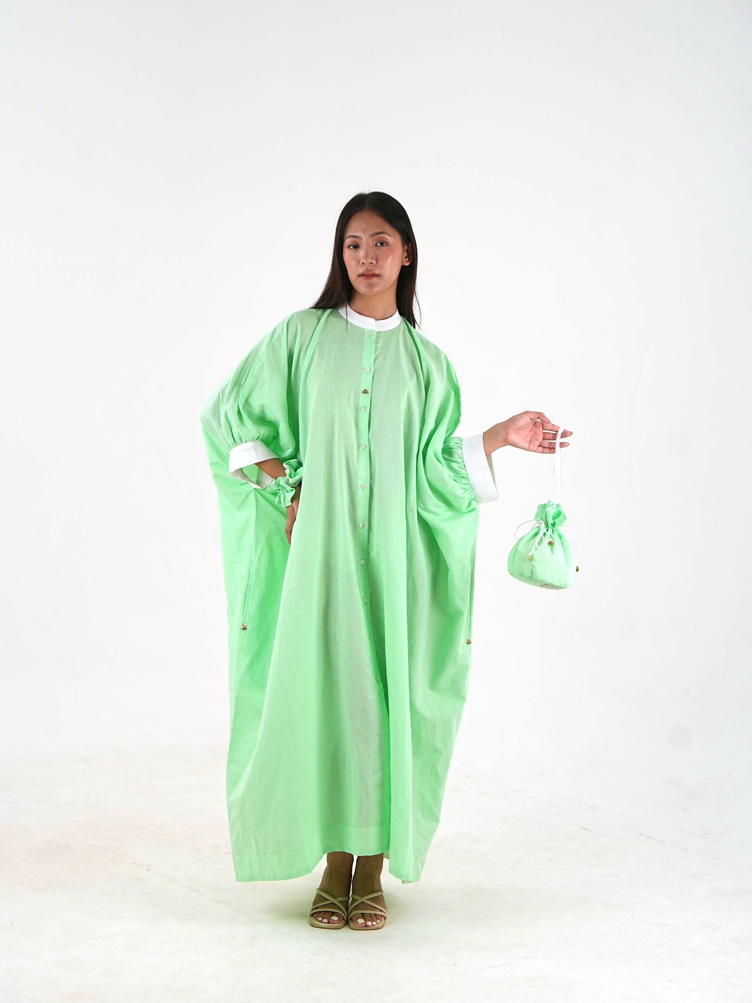 Cuff Sleeve Kaftan Dress - Mint Green Linen