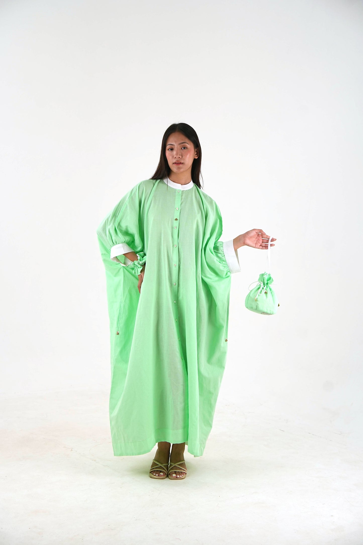 Cuff Sleeve Kaftan Dress - Mint Green Linen