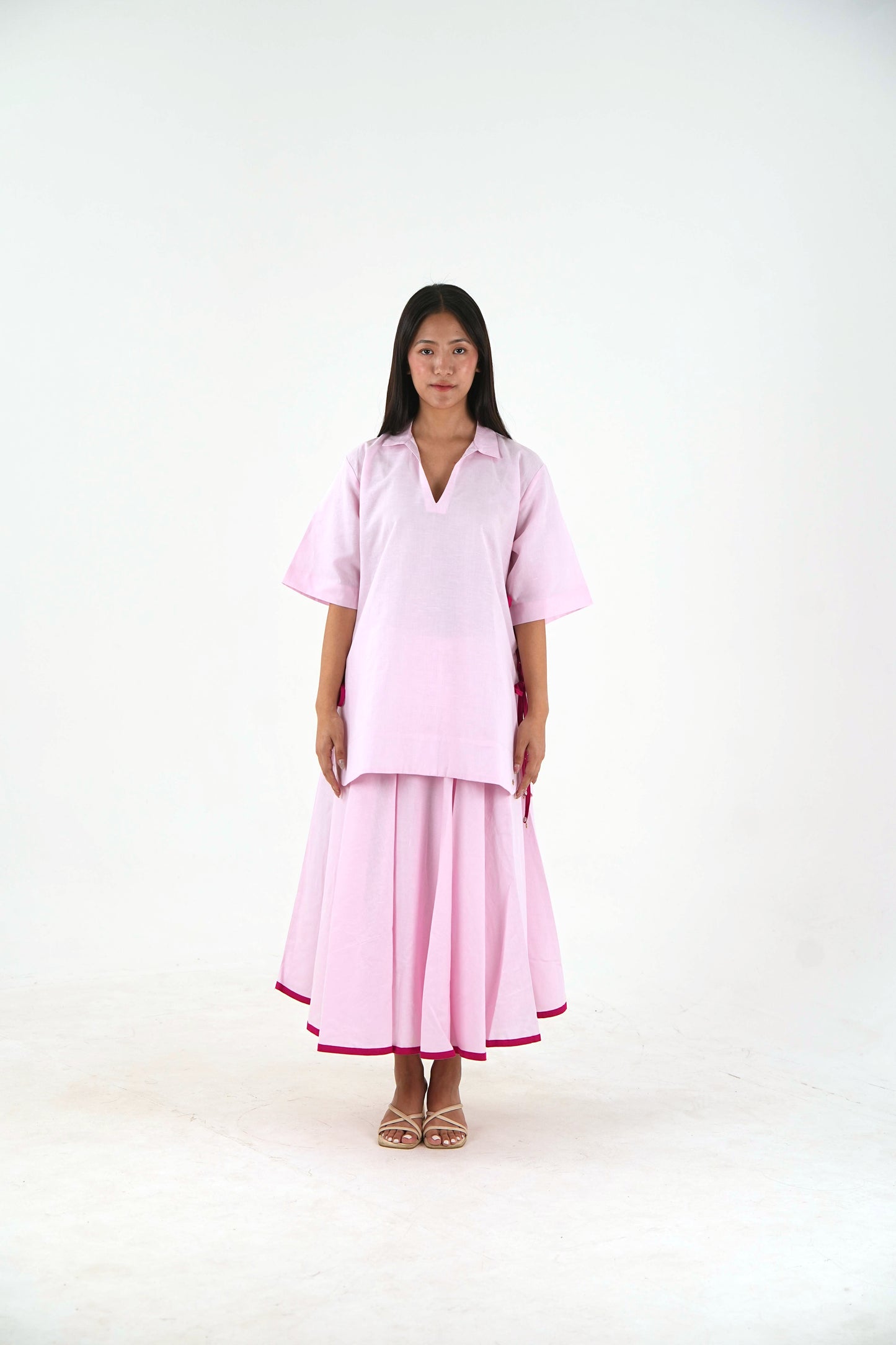 V Neck Tunic Top - Pastel Pink Linen