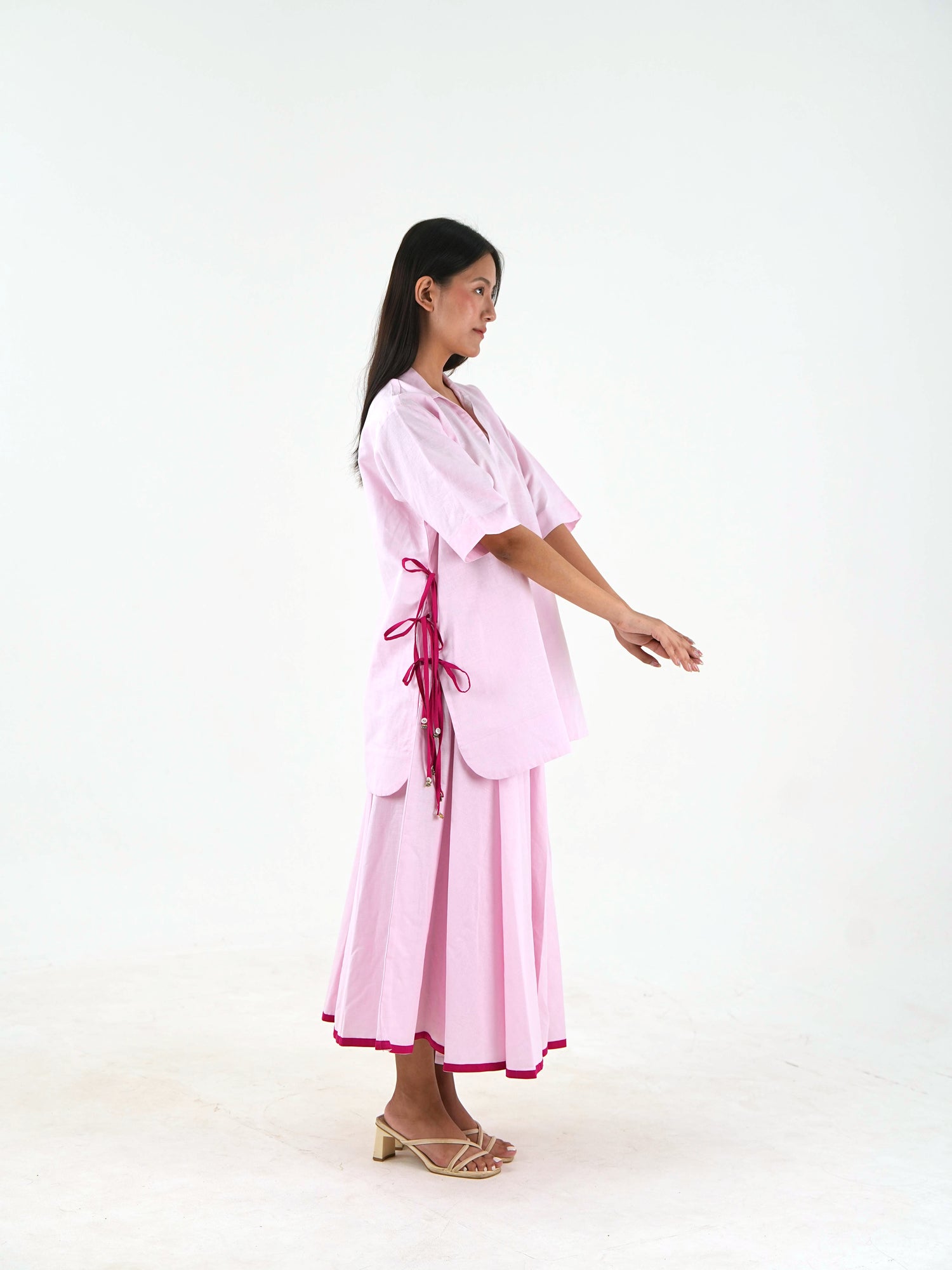 V Neck Tunic Top - Pastel Pink Linen