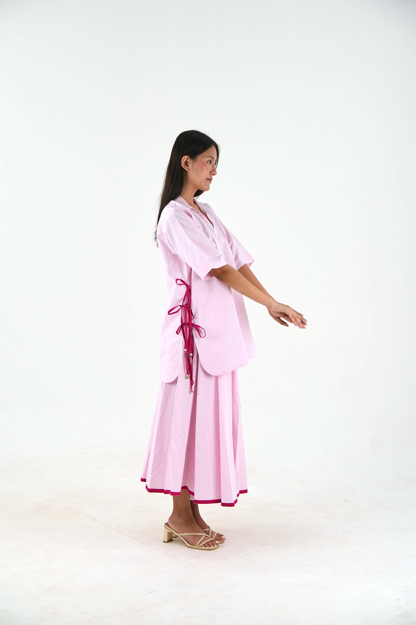 V Neck Tunic Top - Pastel Pink Linen