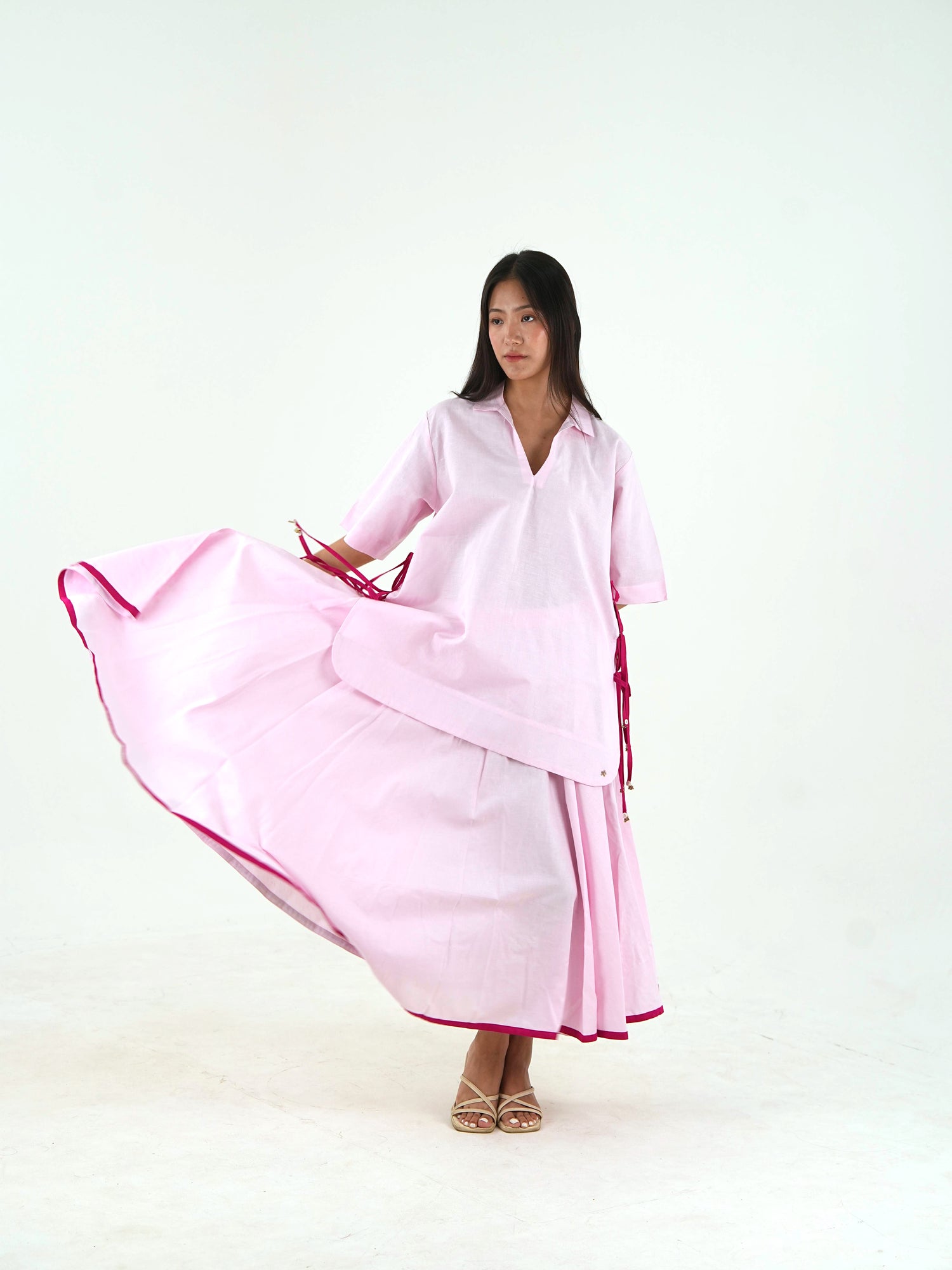 Flared Midi Skirt - Pastel Pink Linen