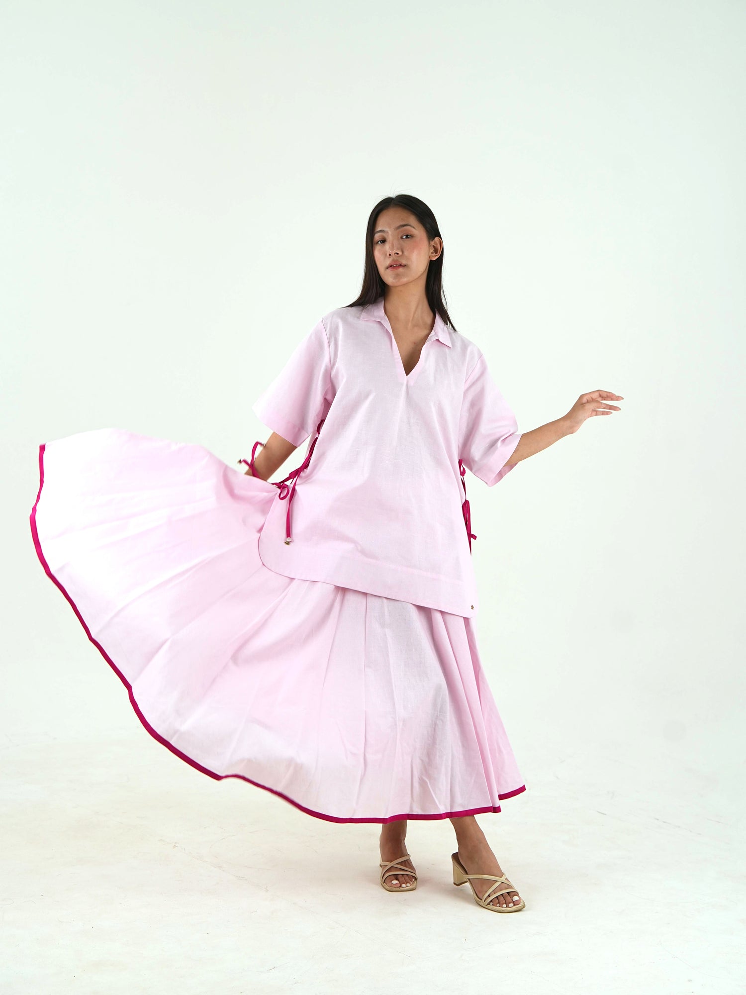 Flared Midi Skirt - Pastel Pink Linen