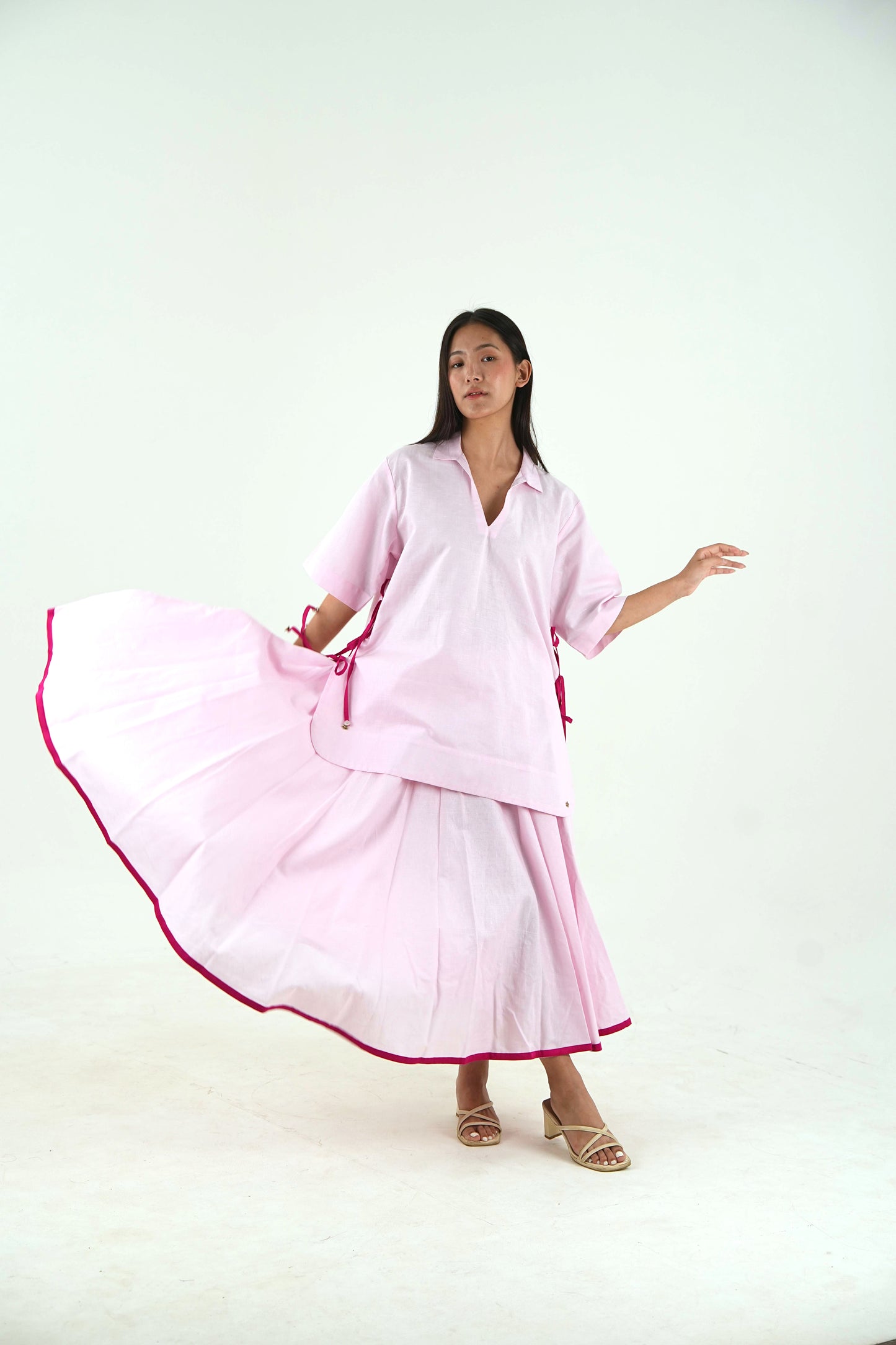 Flared Midi Skirt - Pastel Pink Linen
