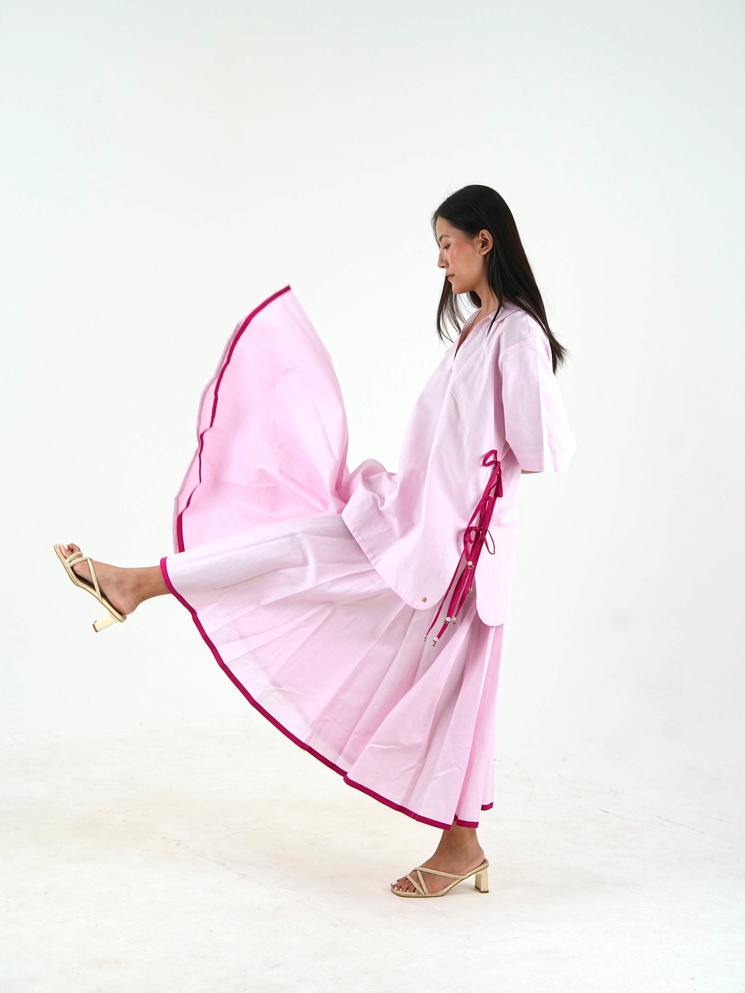 Flared Midi Skirt - Pastel Pink Linen