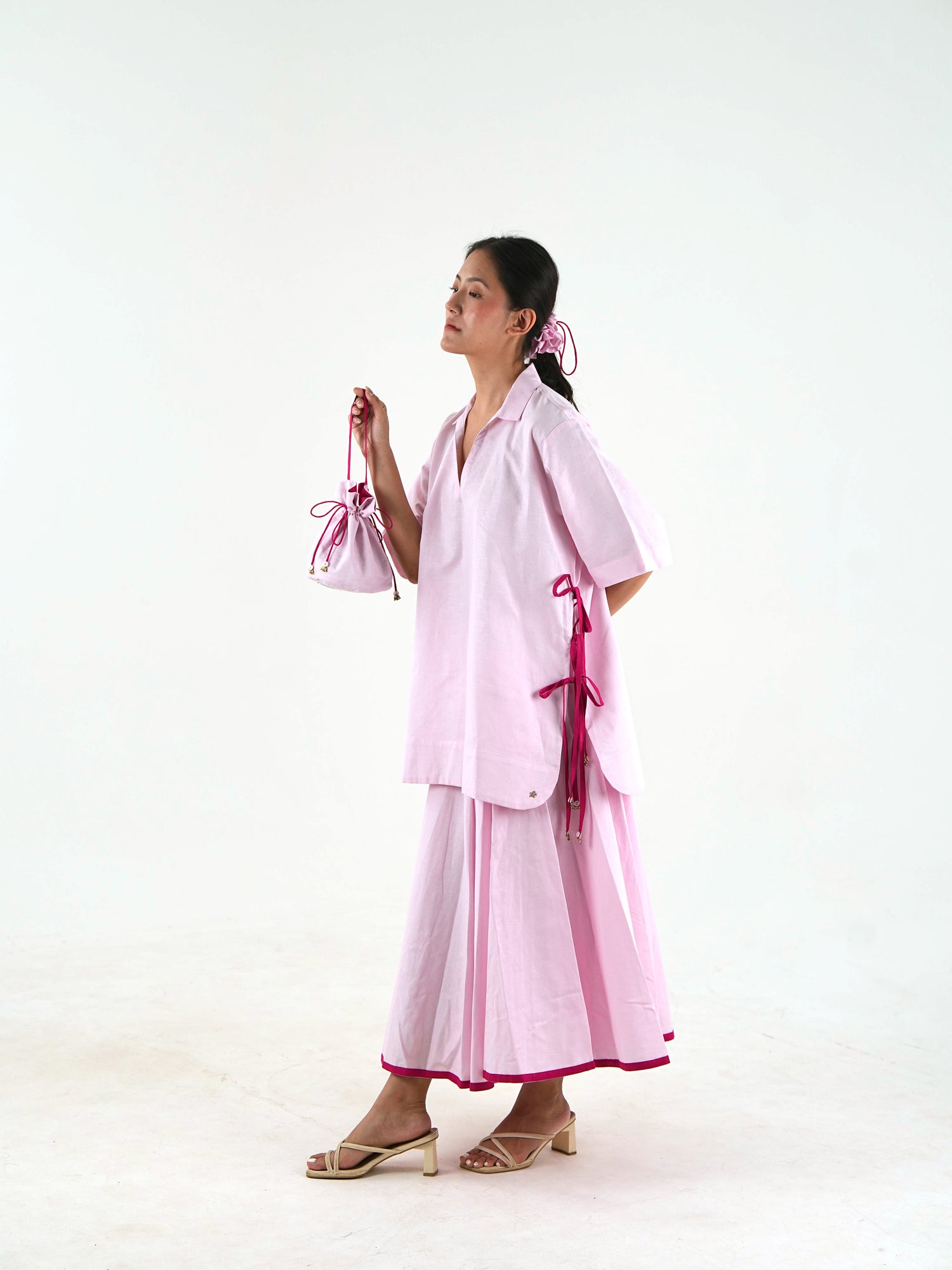 V Neck Tunic Top - Pastel Pink Linen
