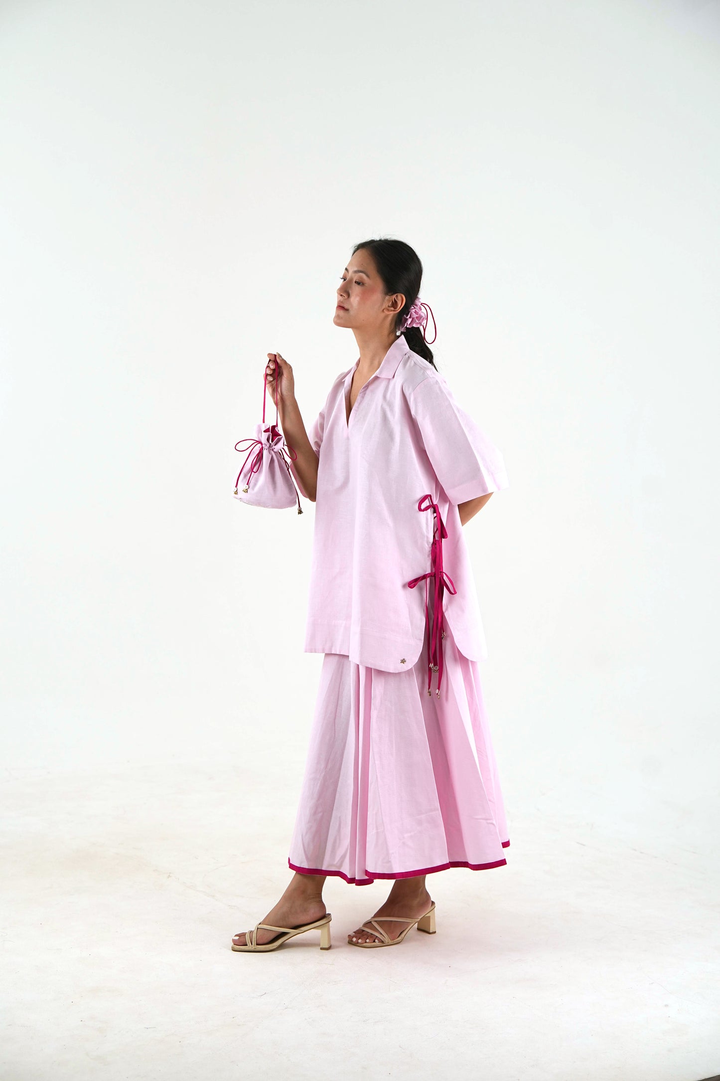 V Neck Tunic Top - Pastel Pink Linen