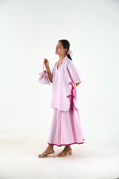 V Neck Tunic Top - Pastel Pink Linen