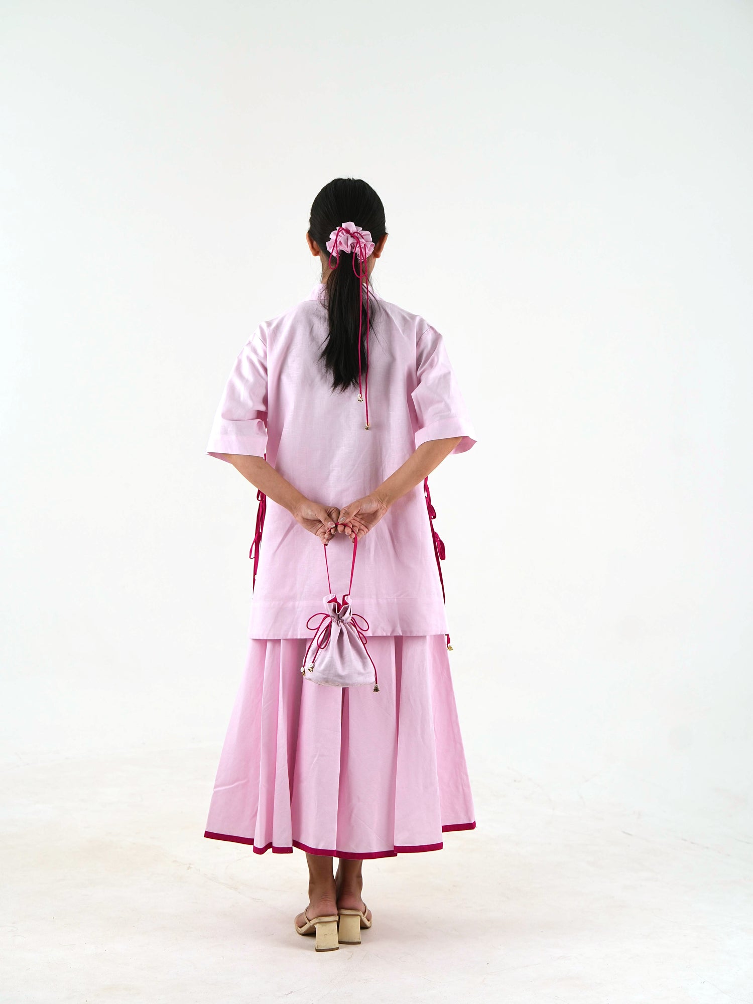 Flared Midi Skirt - Pastel Pink Linen