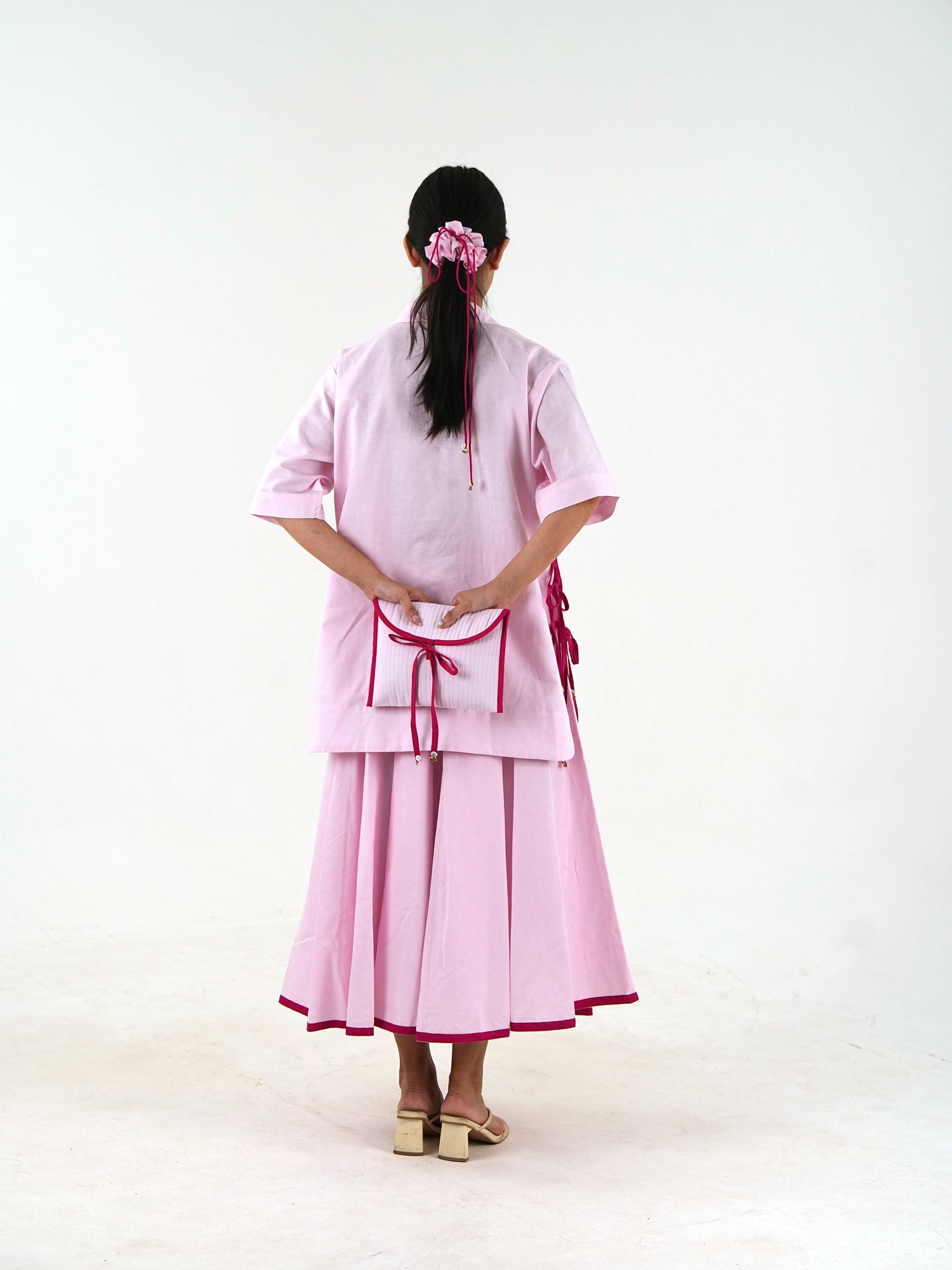 Flared Midi Skirt - Pastel Pink Linen