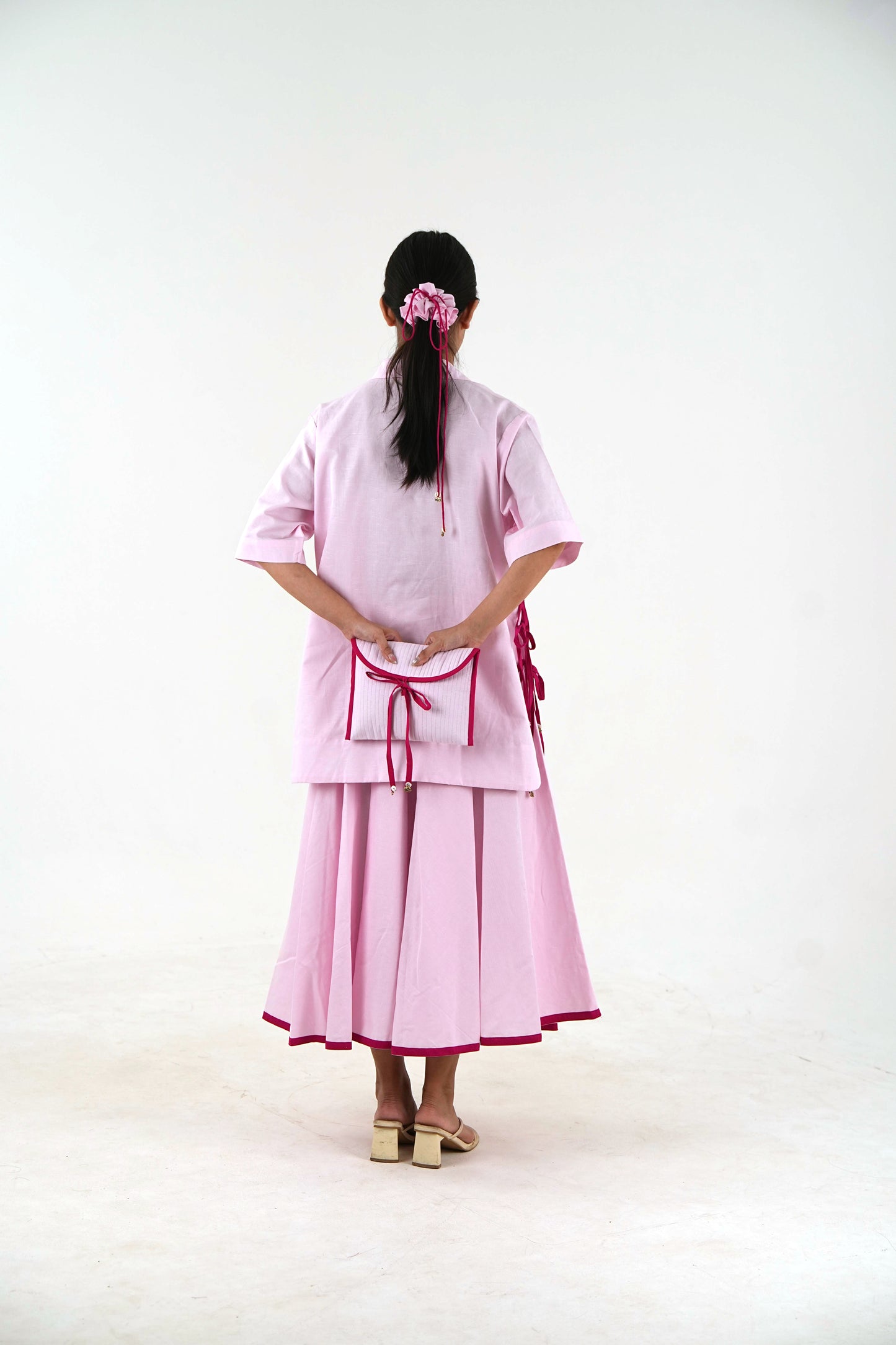 Flared Midi Skirt - Pastel Pink Linen