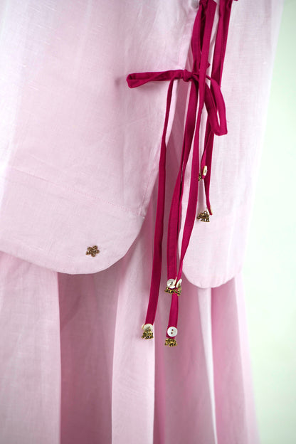V Neck Tunic Top - Pastel Pink Linen