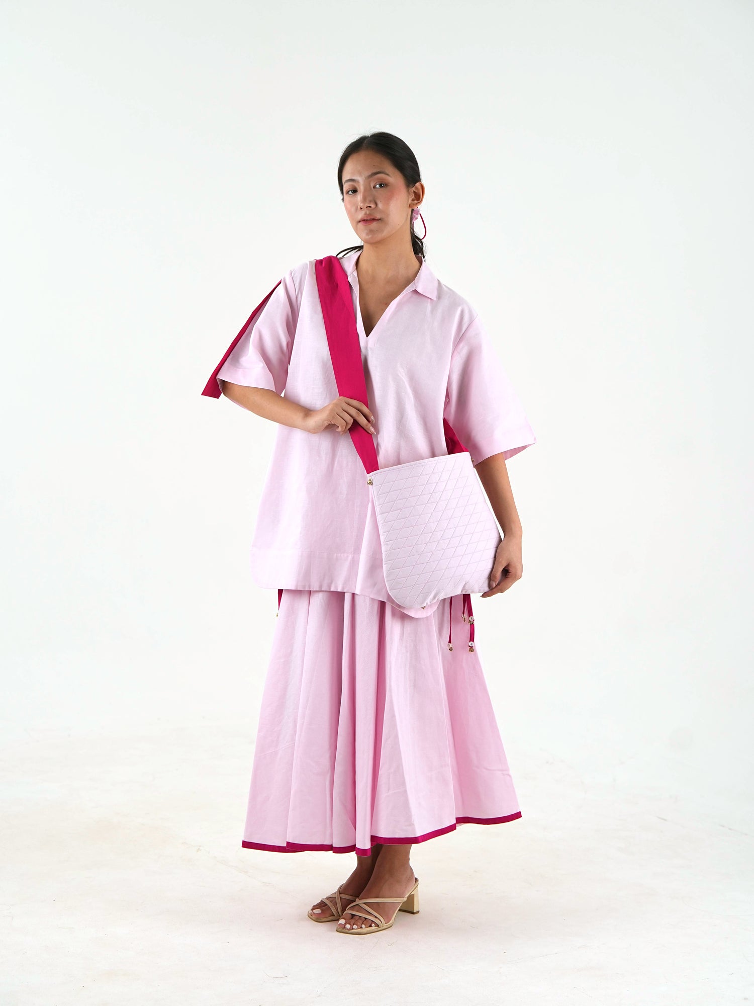 V Neck Tunic Top - Pastel Pink Linen