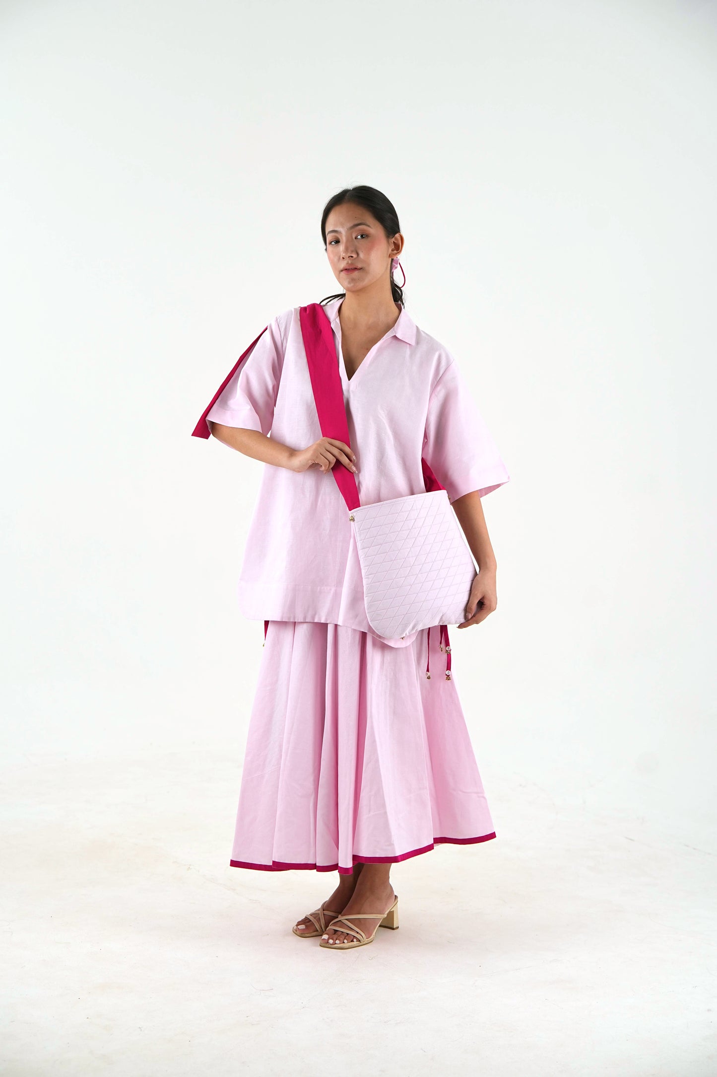 V Neck Tunic Top - Pastel Pink Linen
