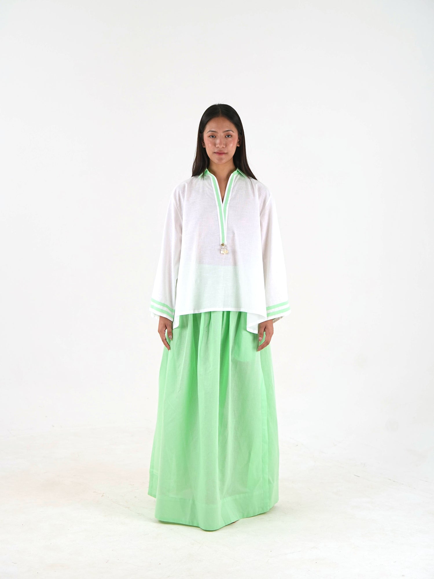 Contrast Trim Linen Top - White Relaxed Fit