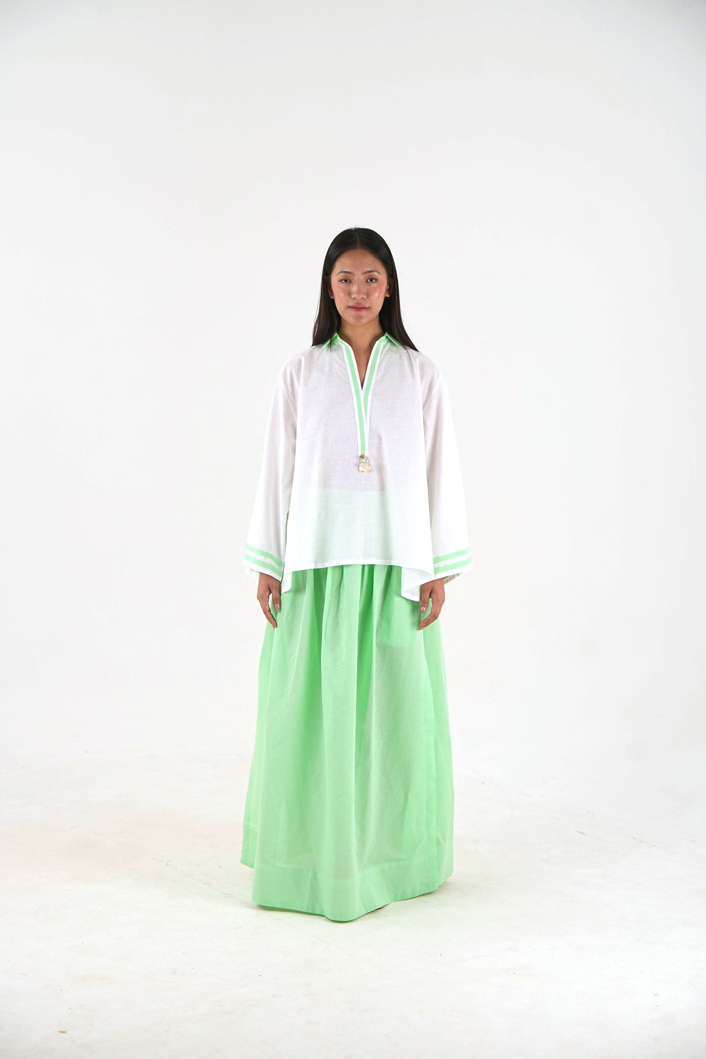 Contrast Trim Linen Top - White Relaxed Fit