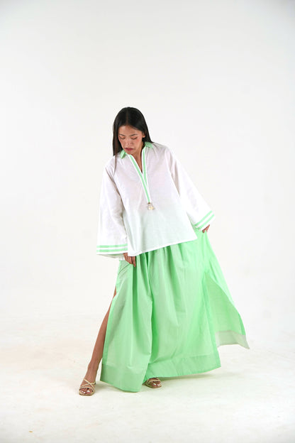 Contrast Trim Linen Top - White Relaxed Fit