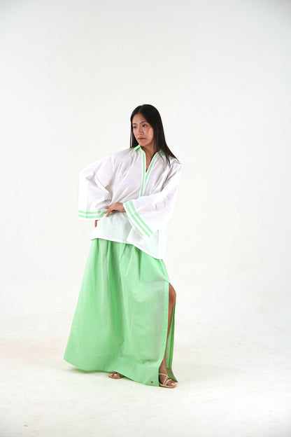 Contrast Trim Linen Top - White Relaxed Fit