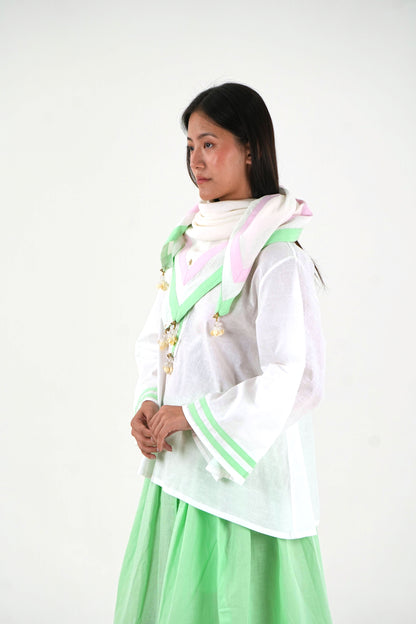 Contrast Trim Linen Top - White Relaxed Fit