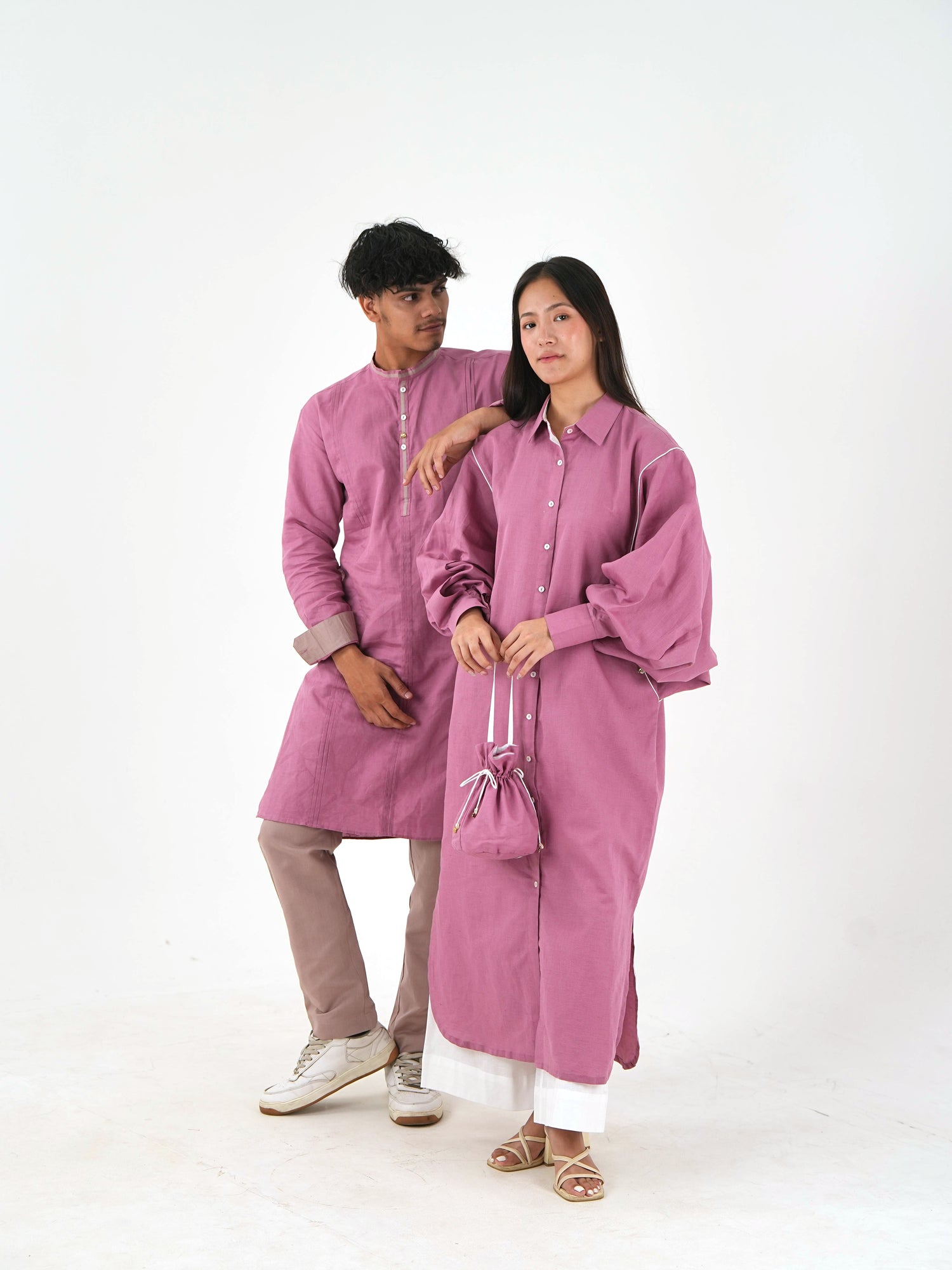 White Piping kurta Pants Set - Mauve Linen