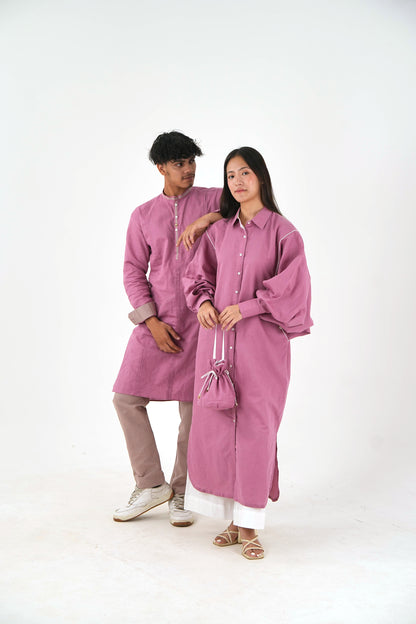 White Piping kurta Pants Set - Mauve Linen