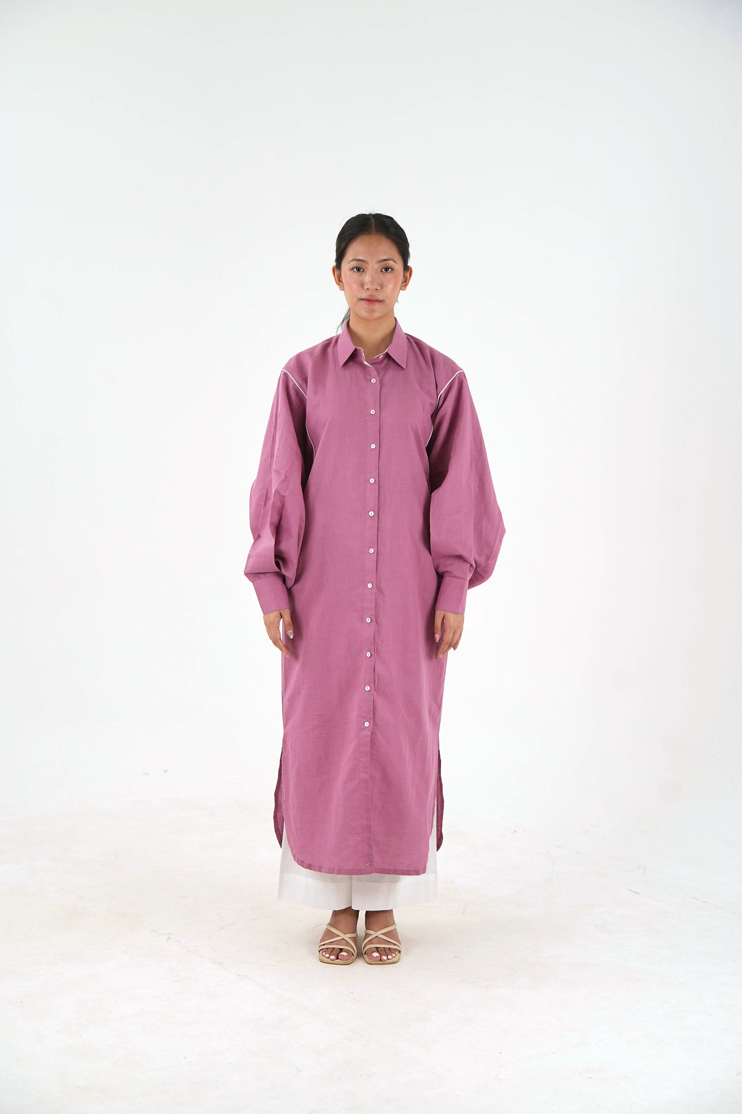 White Piping Kaftan Shirt - Mauve Linen