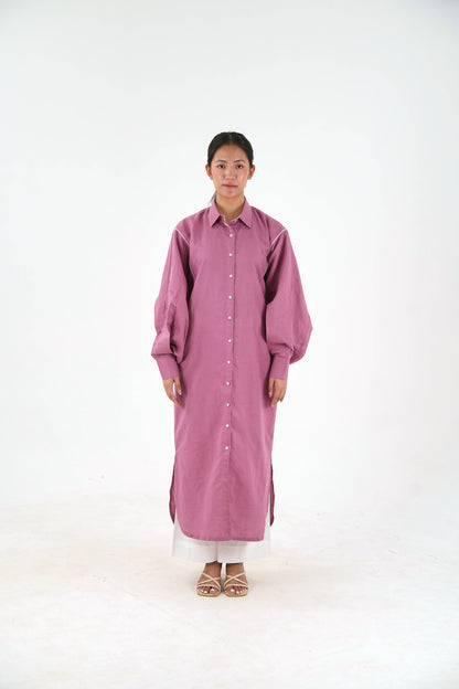 White Piping Kaftan Shirt - Mauve Linen