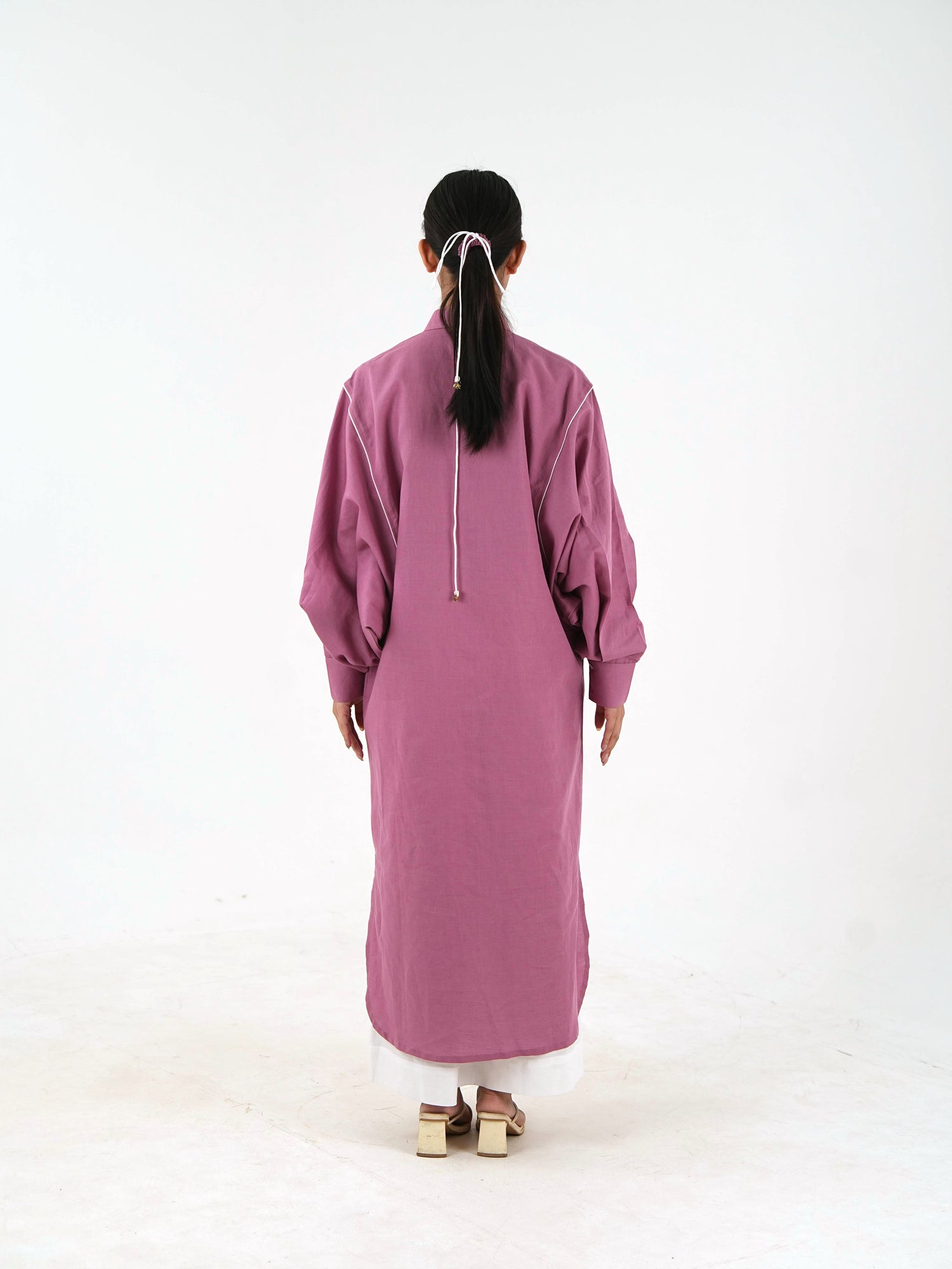White Piping Kaftan Shirt - Mauve Linen