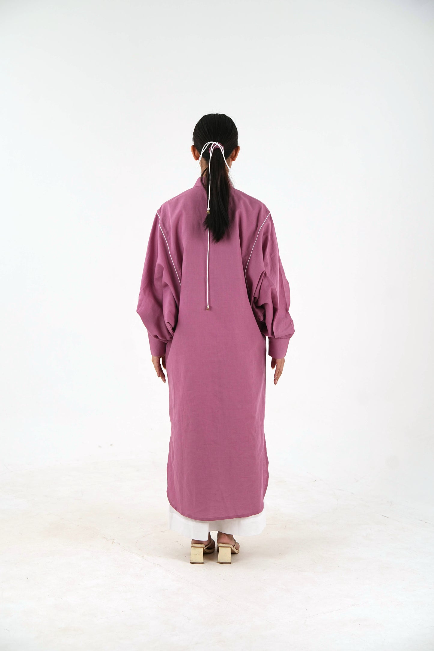 White Piping Kaftan Shirt - Mauve Linen