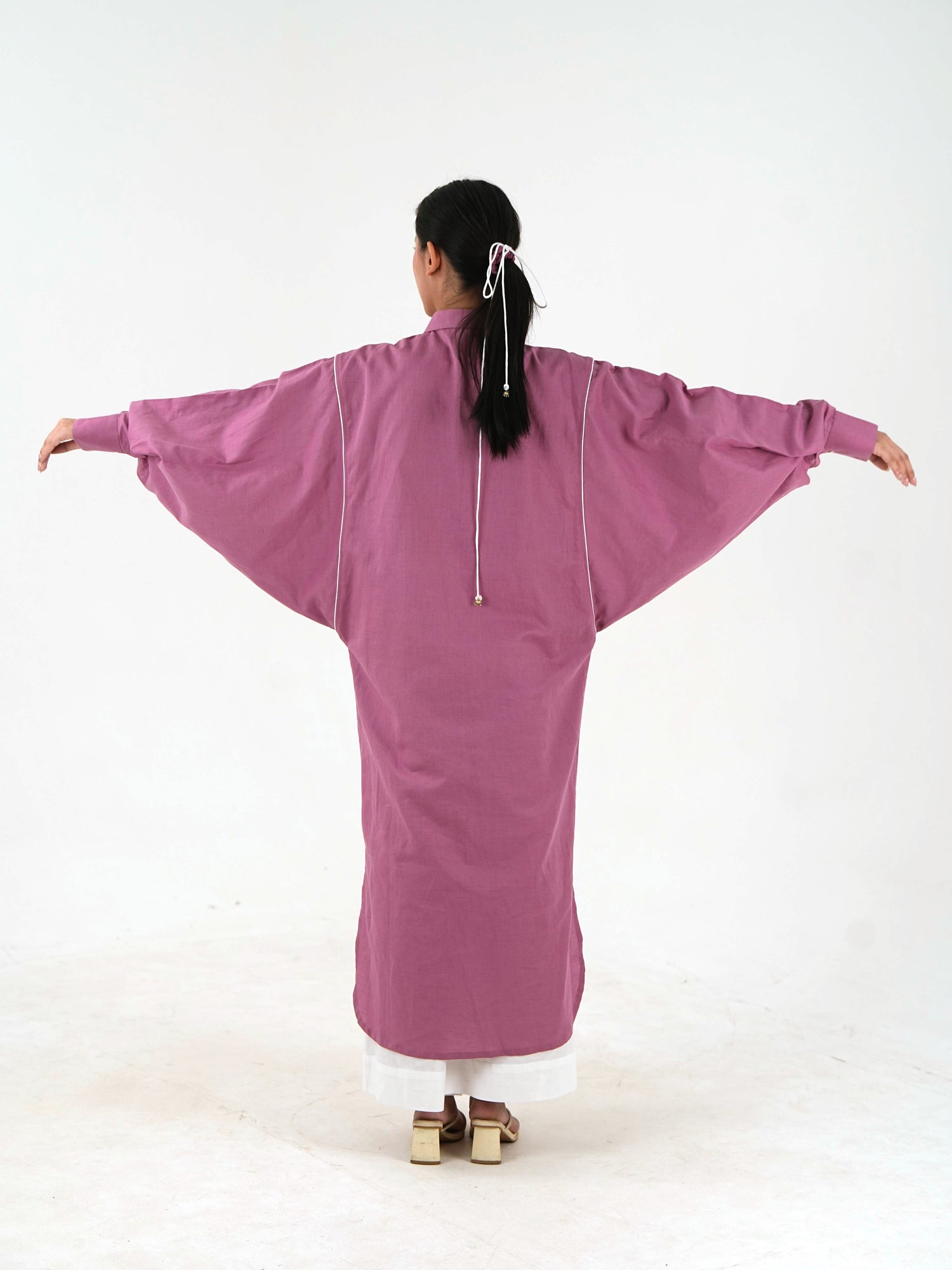 White Piping Kaftan Shirt - Mauve Linen