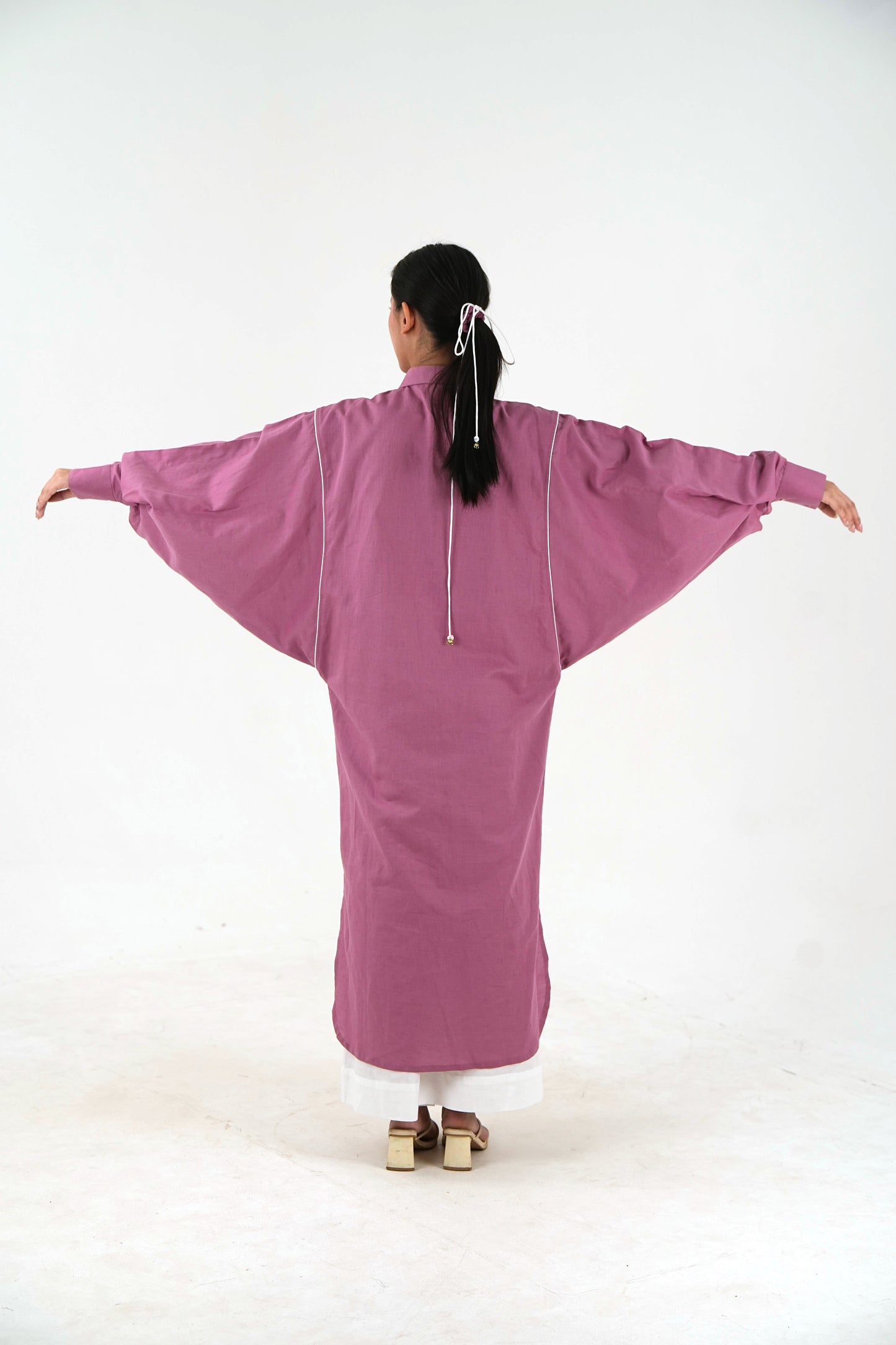White Piping Kaftan Shirt - Mauve Linen