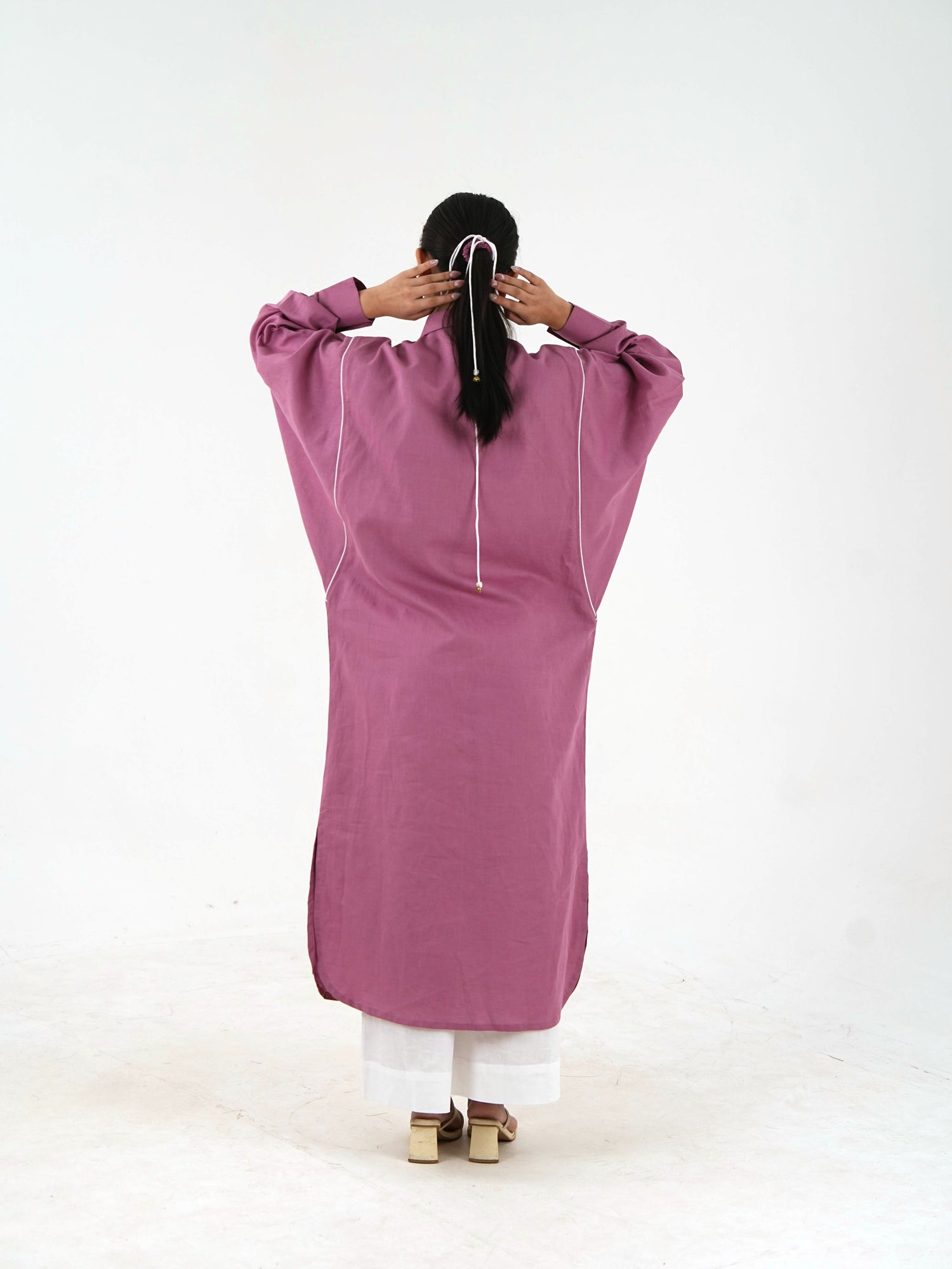 White Piping Kaftan Shirt - Mauve Linen