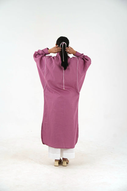 White Piping Kaftan Shirt - Mauve Linen