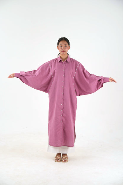 White Piping Kaftan Shirt - Mauve Linen