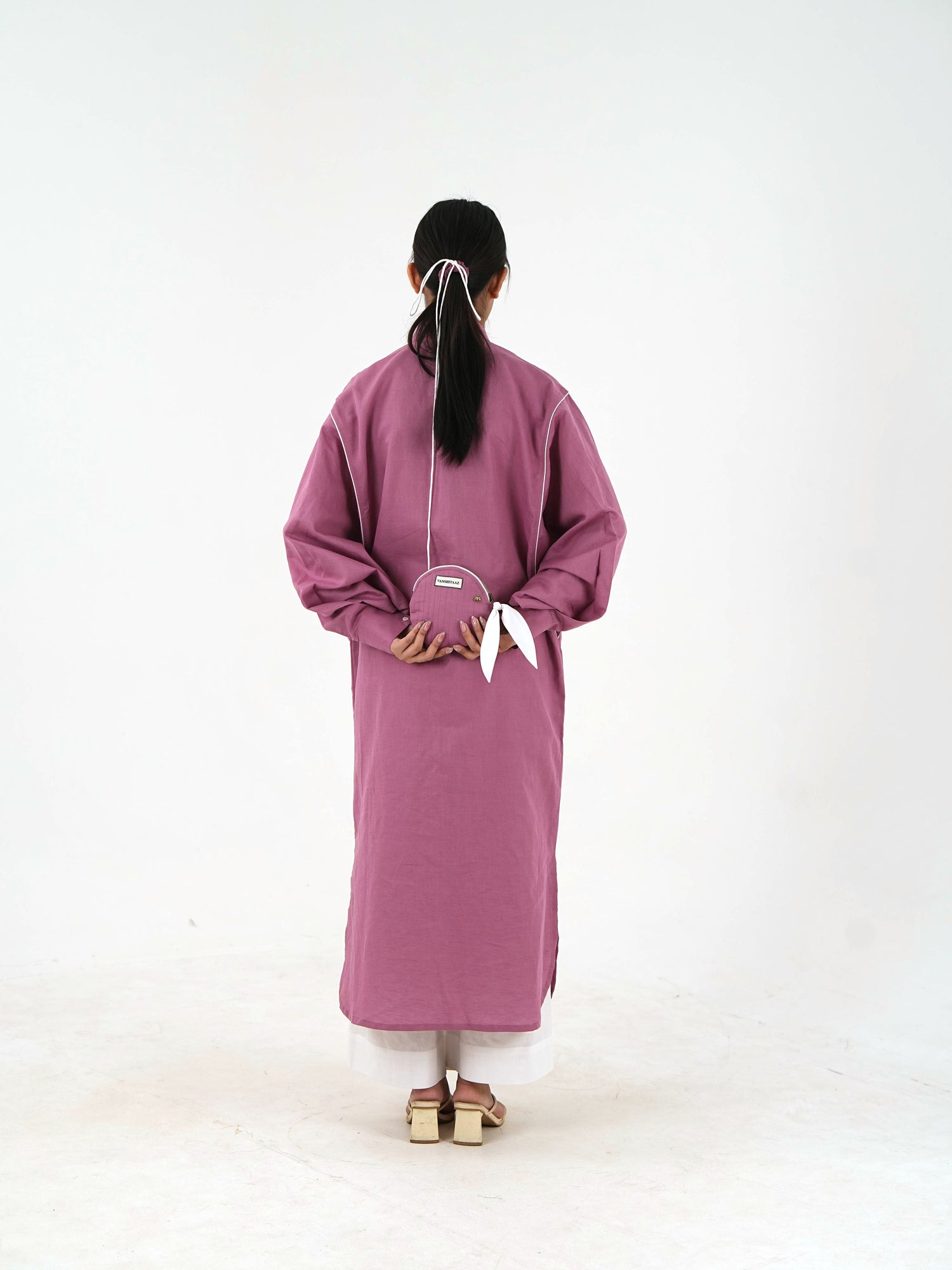 White Piping Kaftan Shirt - Mauve Linen
