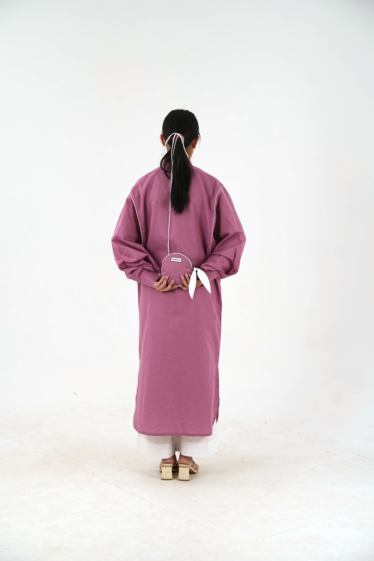 White Piping Kaftan Shirt - Mauve Linen