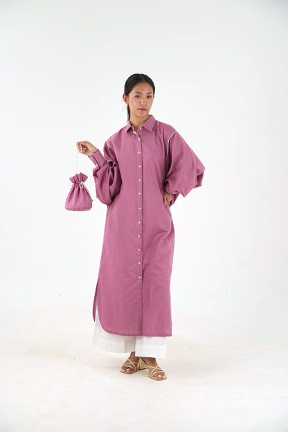 White Piping Kaftan Shirt - Mauve Linen