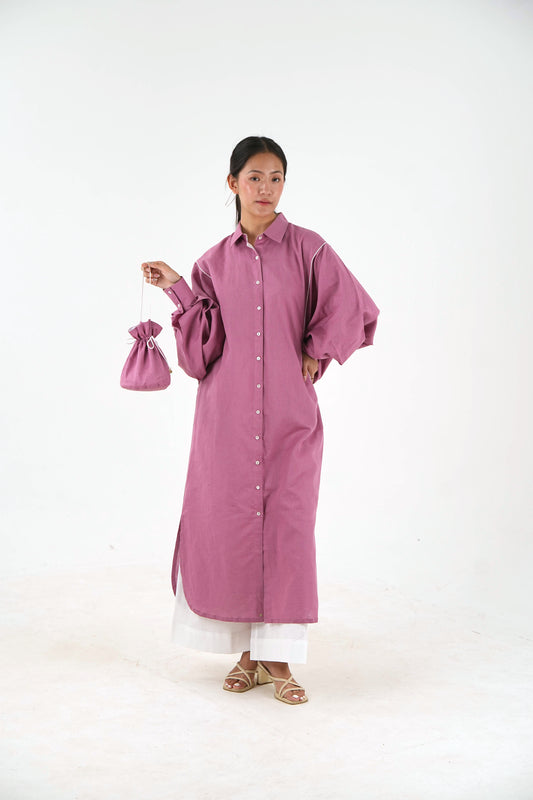 White Piping kurta Pants Set - Mauve Linen