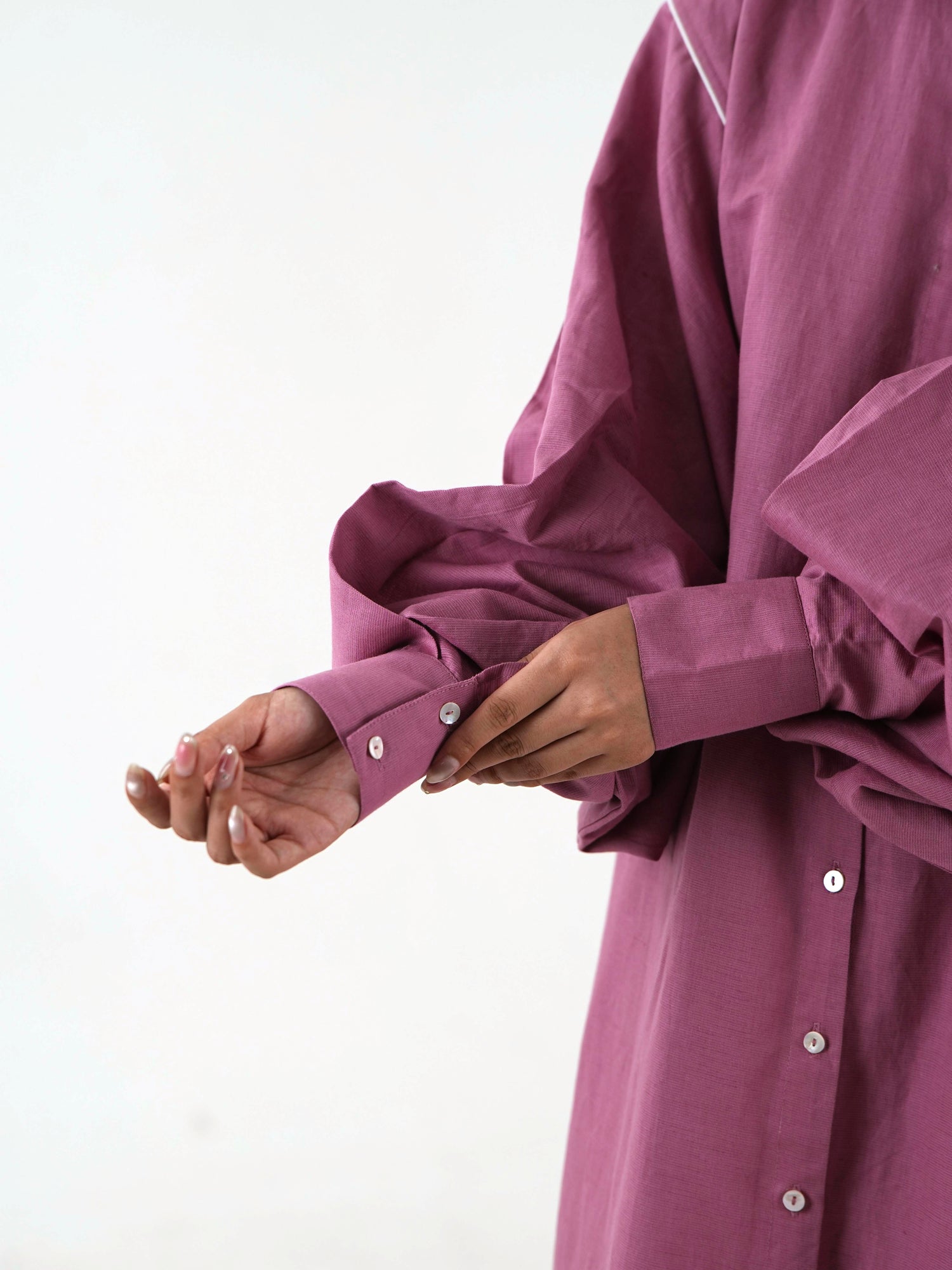 White Piping Kaftan Shirt - Mauve Linen