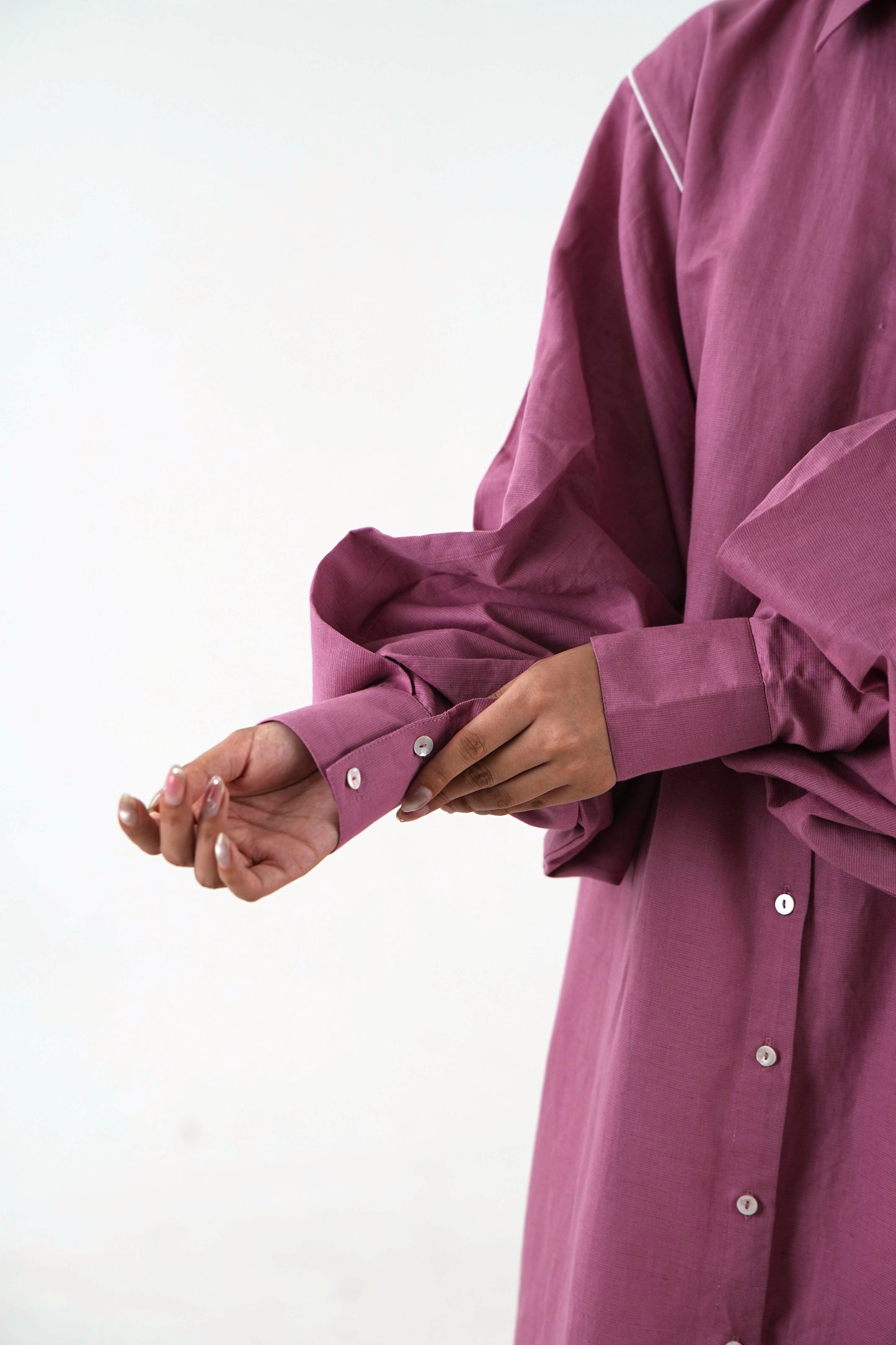 White Piping Kaftan Shirt - Mauve Linen