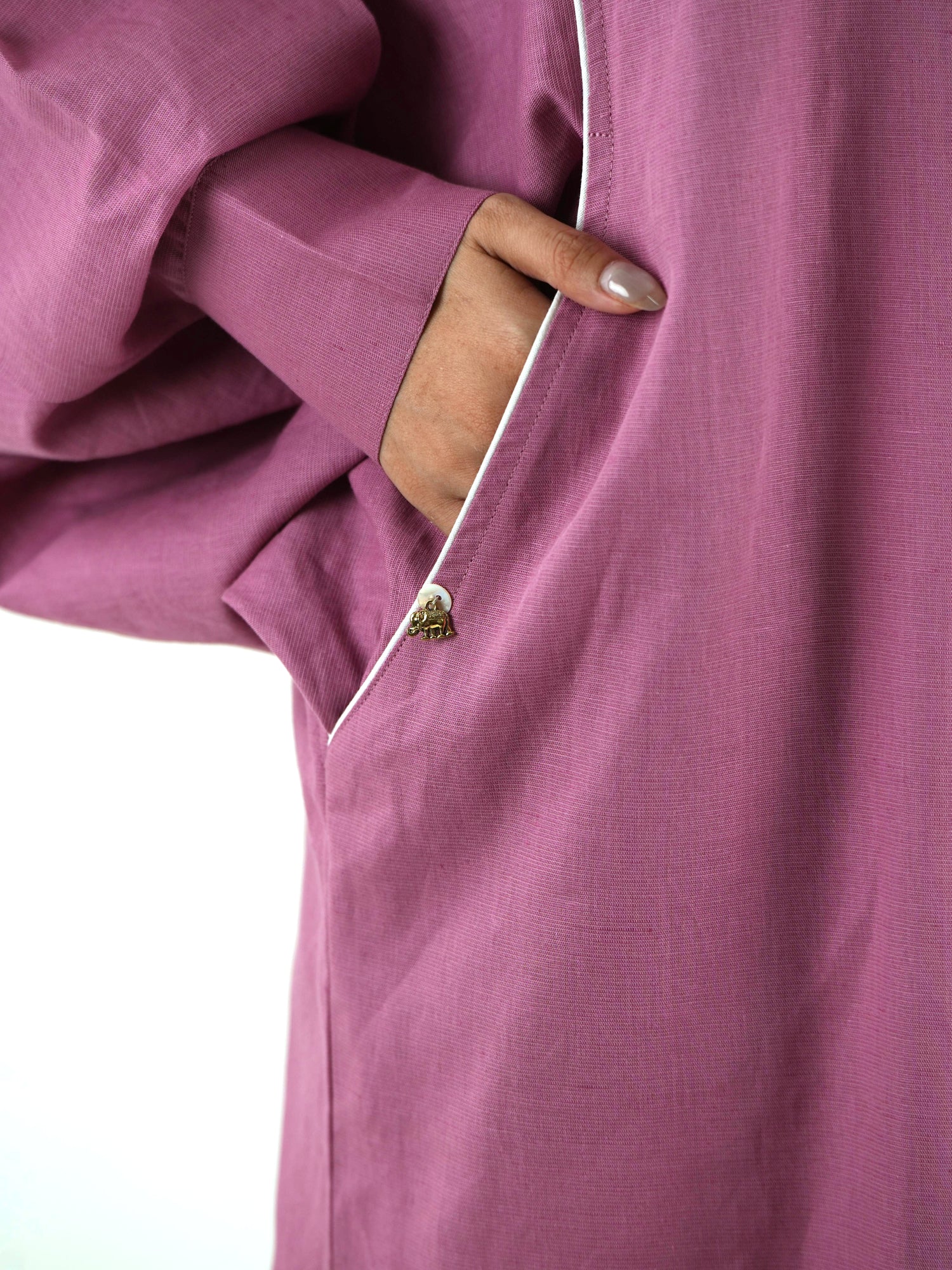 White Piping Kaftan Shirt - Mauve Linen