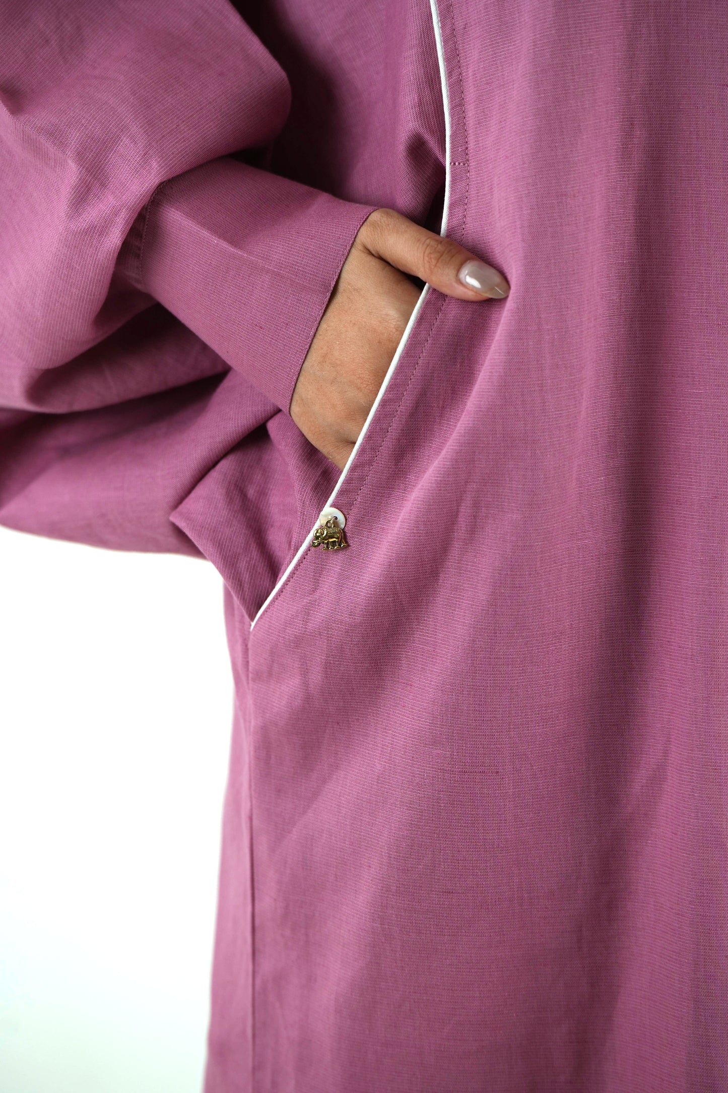 White Piping Kaftan Shirt - Mauve Linen