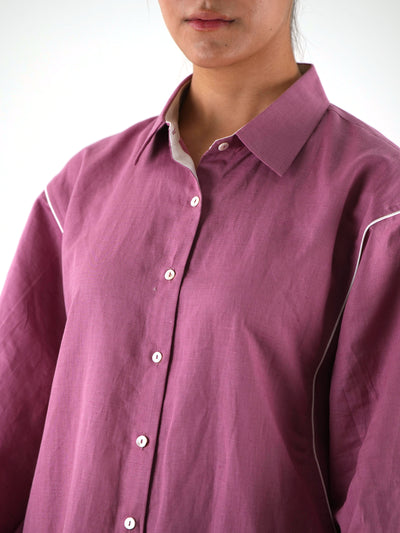 White Piping Kaftan Kurta - Mauve Linen