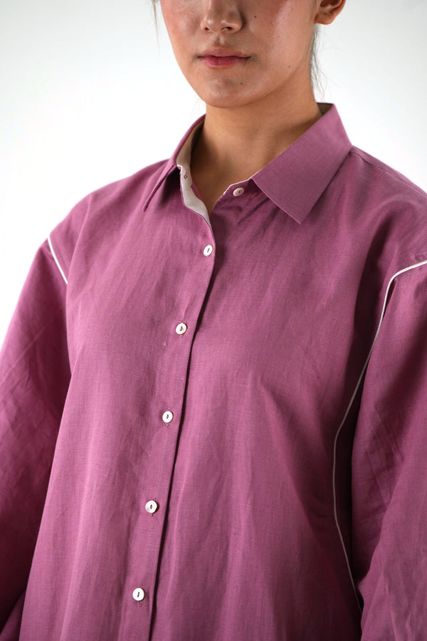 White Piping Kaftan Kurta - Mauve Linen