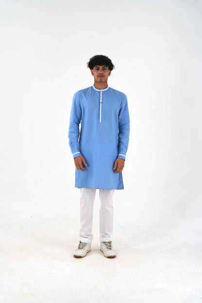 Relaxed Fit Cotton Kurta Pant Set - Sky Blue